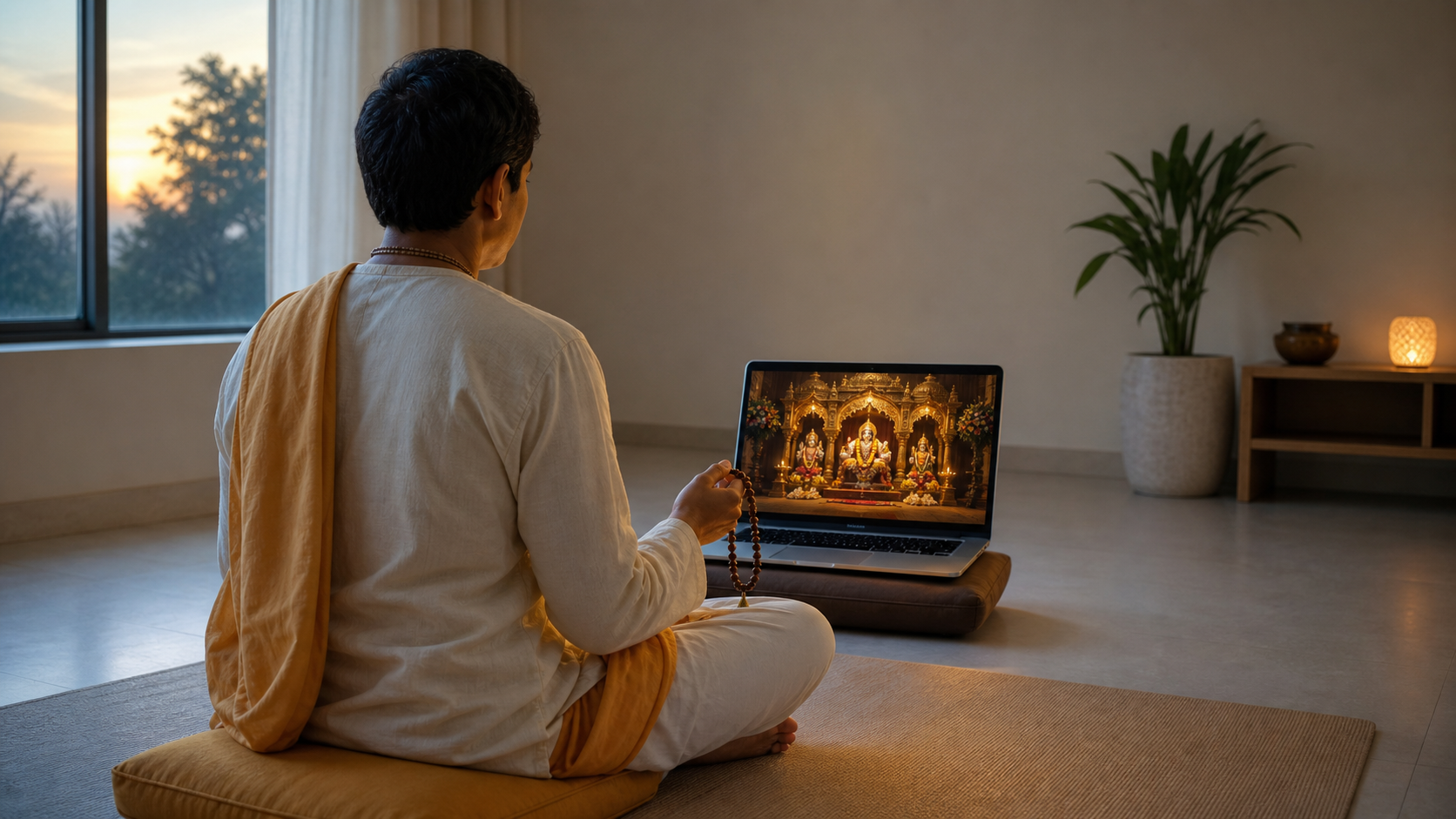 A devotee with wooden prayer beads sits before a laptop displaying a flower-decorated Vaishnava temple altar.