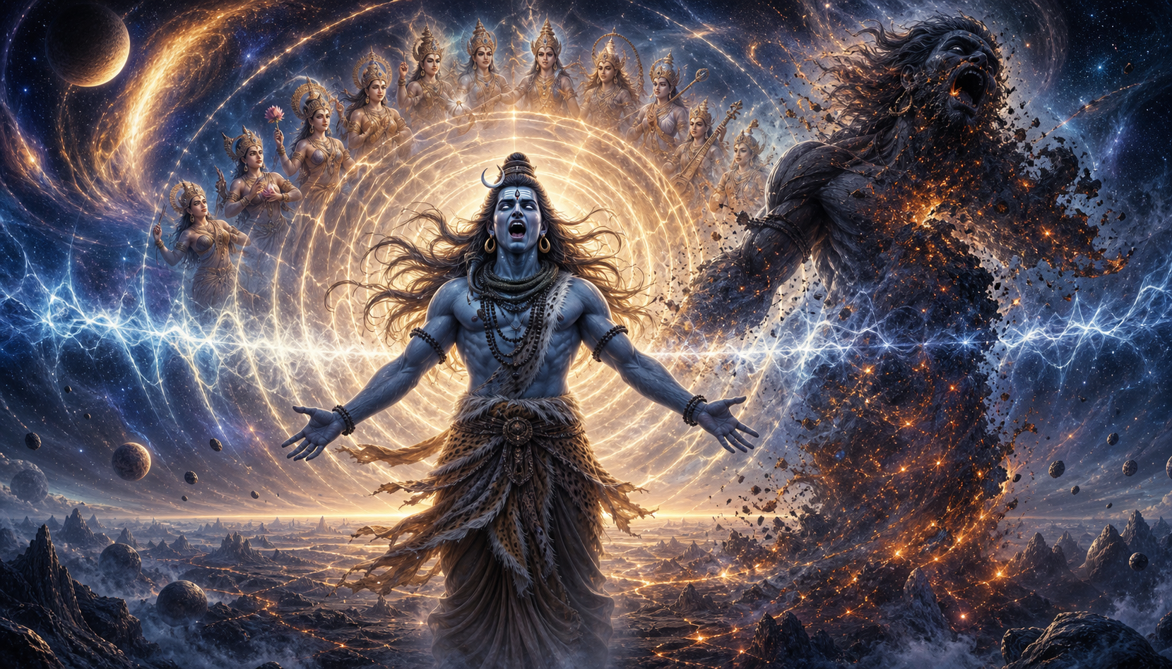 Shiva destroys the shadowy demon Kalasha with waves of divine sound as luminous celestial beings emerge from the radiance.