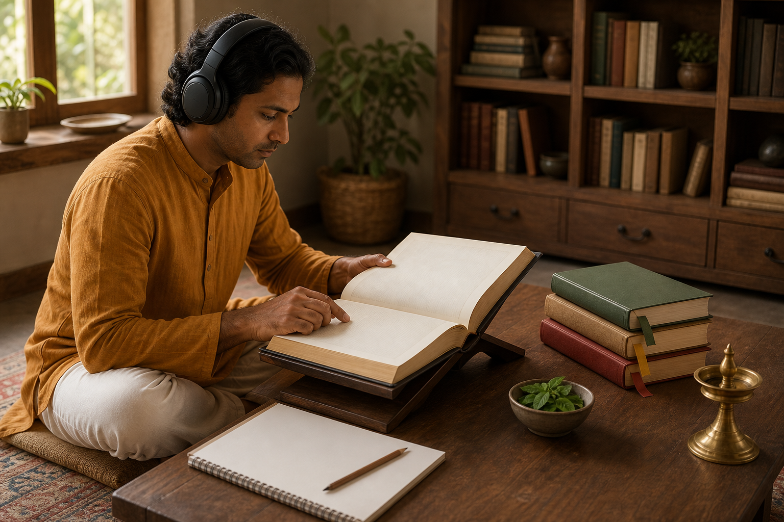 A reader wearing headphones studies an open sacred volume at a low wooden table beside three bookmarked books and a blank notebook.