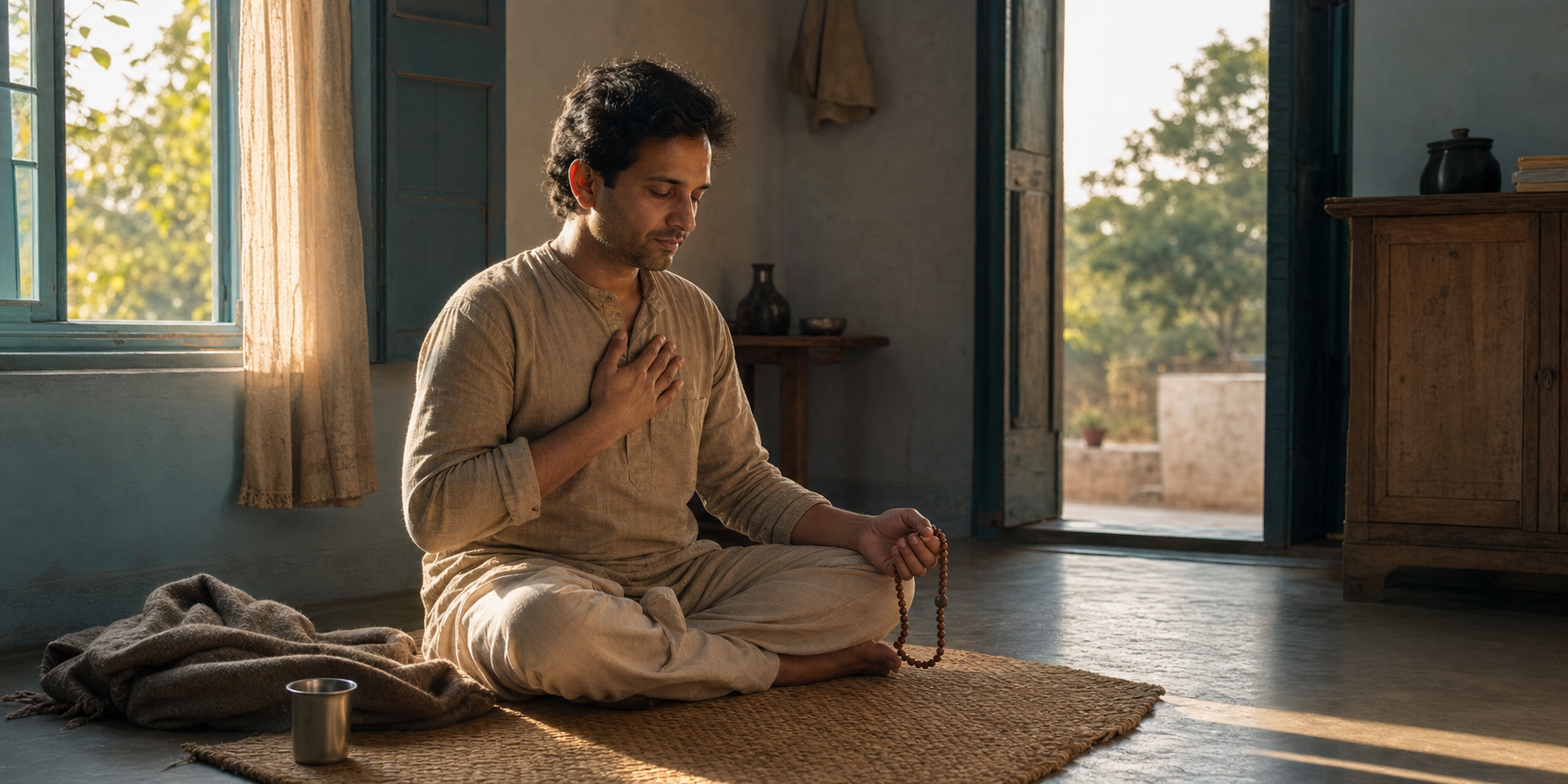 An adult sits on a woven mat near an open window at dawn, holding wooden prayer beads with one hand resting over the heart.