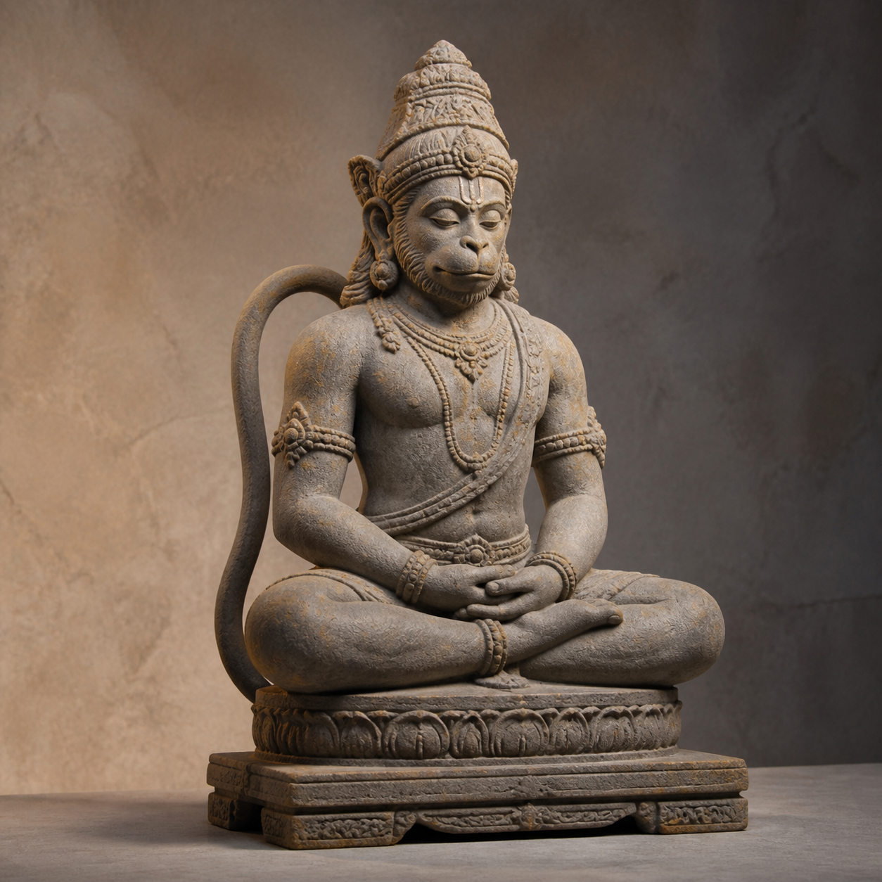 Three-quarter view of a stone Yoga Hanuman murti showing crossed legs, a straight spine, lowered eyes, meditative hands, restrained ornaments, and a tail curving behind the figure.