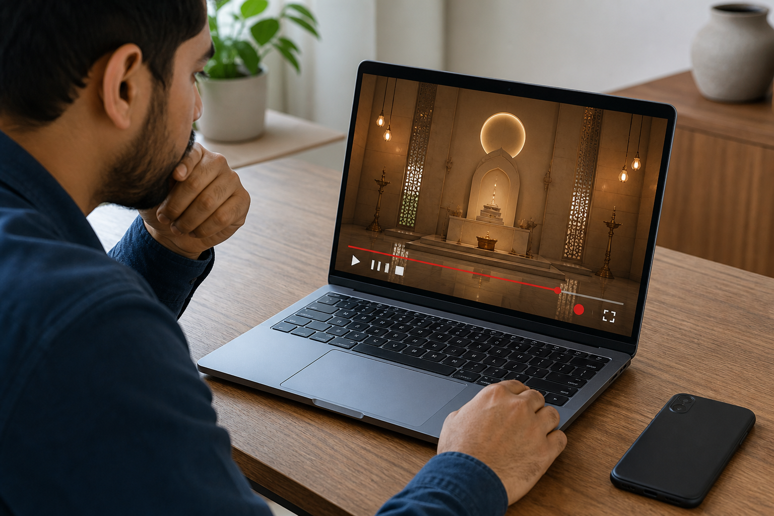 A person checks a temple broadcast on a laptop with a nonverbal status indicator and playback controls.
