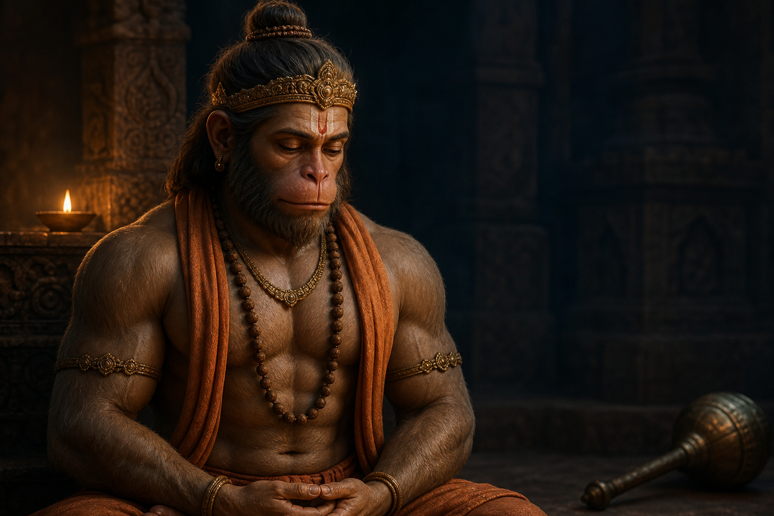Close view of a meditating Yoga Hanuman with lowered eyes, relaxed muscular shoulders, and hands resting calmly in his lap as an oil lamp glows nearby.