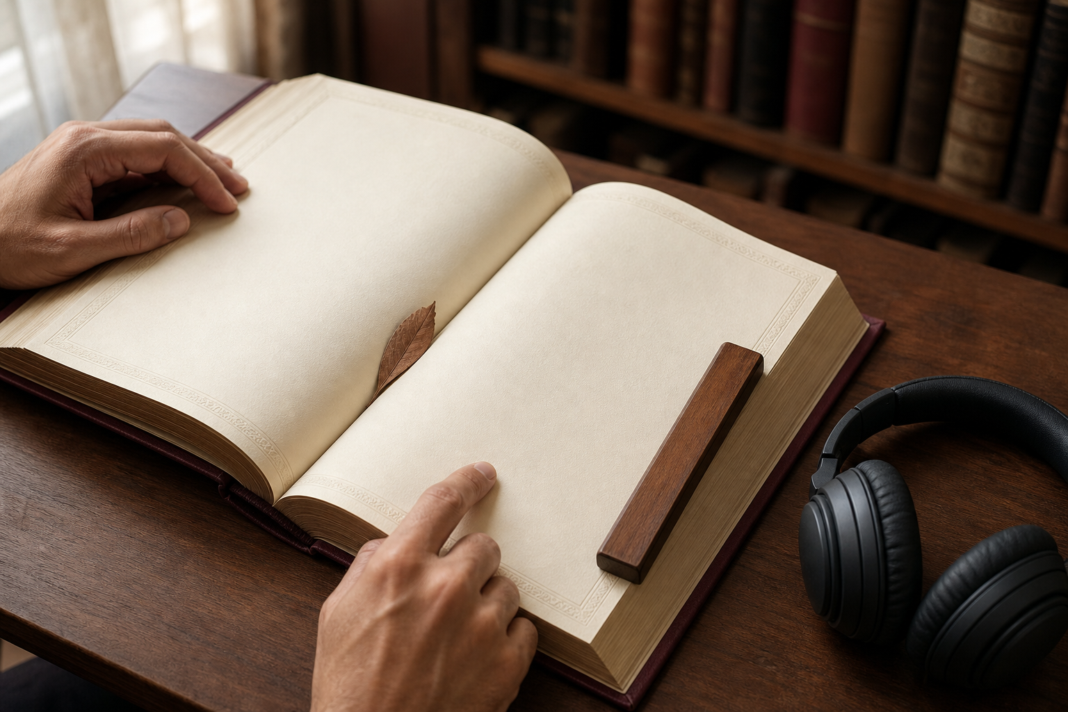 Hands examine an open sacred volume while a pair of headphones waits unused beside the book.