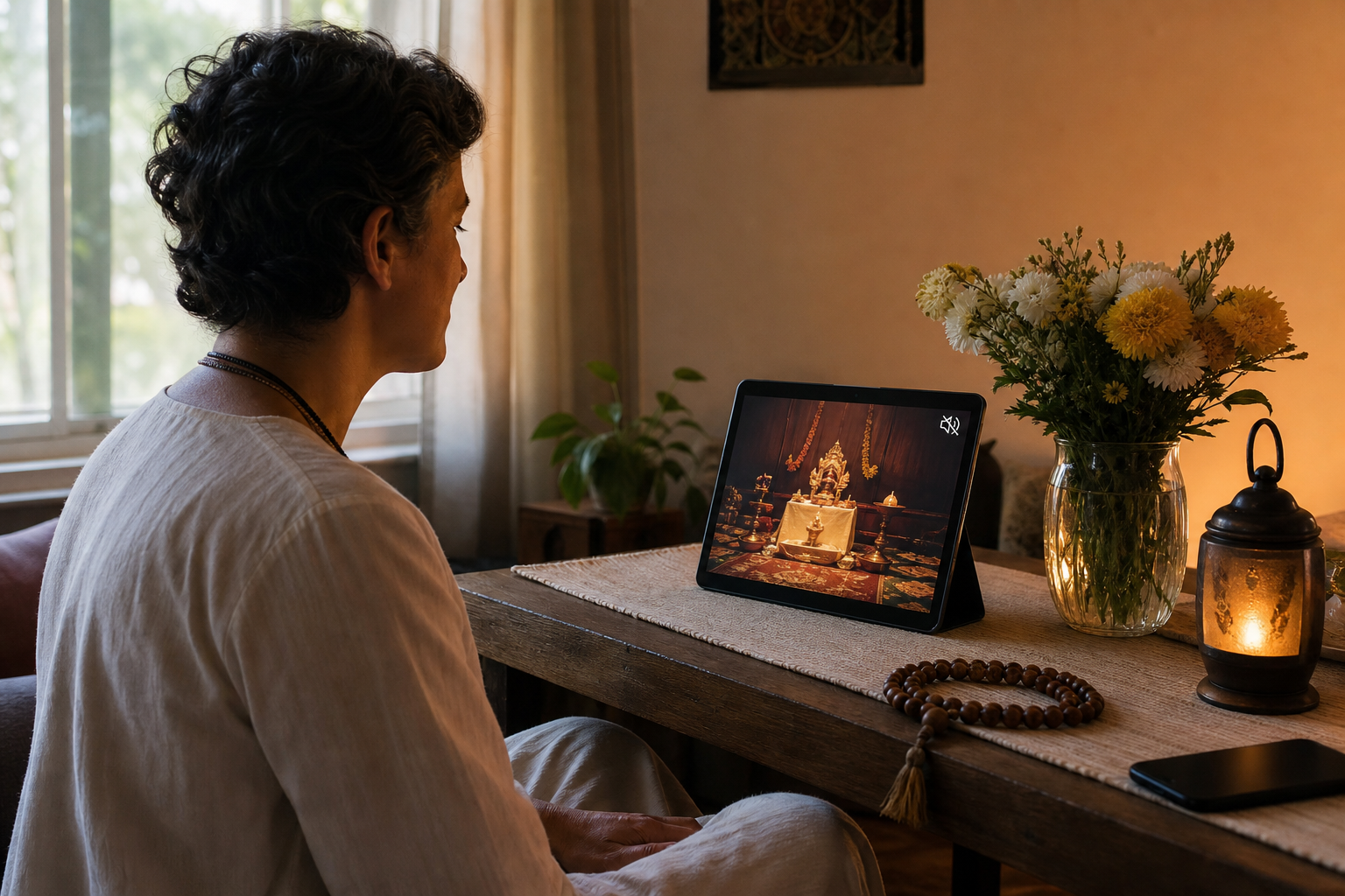 An attentive viewer sits beside prayer beads and flowers while watching a temple ceremony on a tablet.