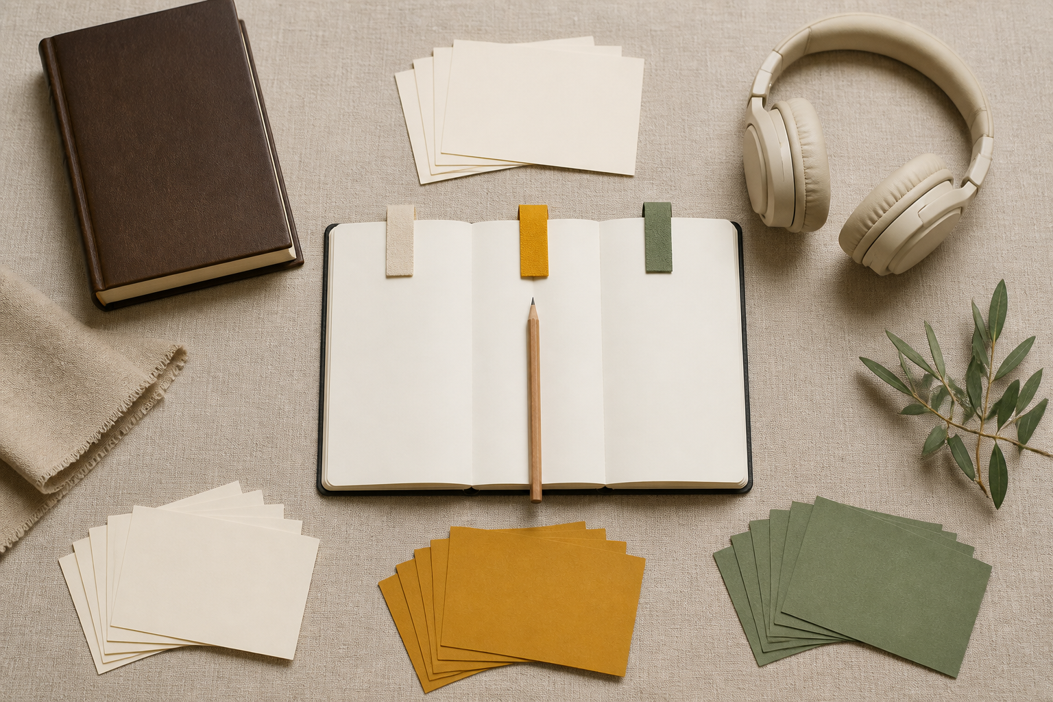 A blank notebook with three colored tabs and three separate groups of note cards sits between a sacred volume, headphones, and a pencil.