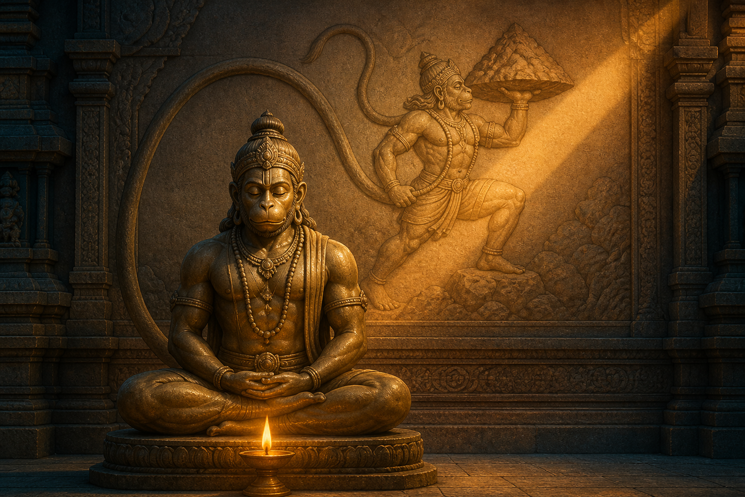 A seated Yoga Hanuman sculpture appears before a temple relief of Hanuman in heroic movement, linking meditative stillness with active strength and service.