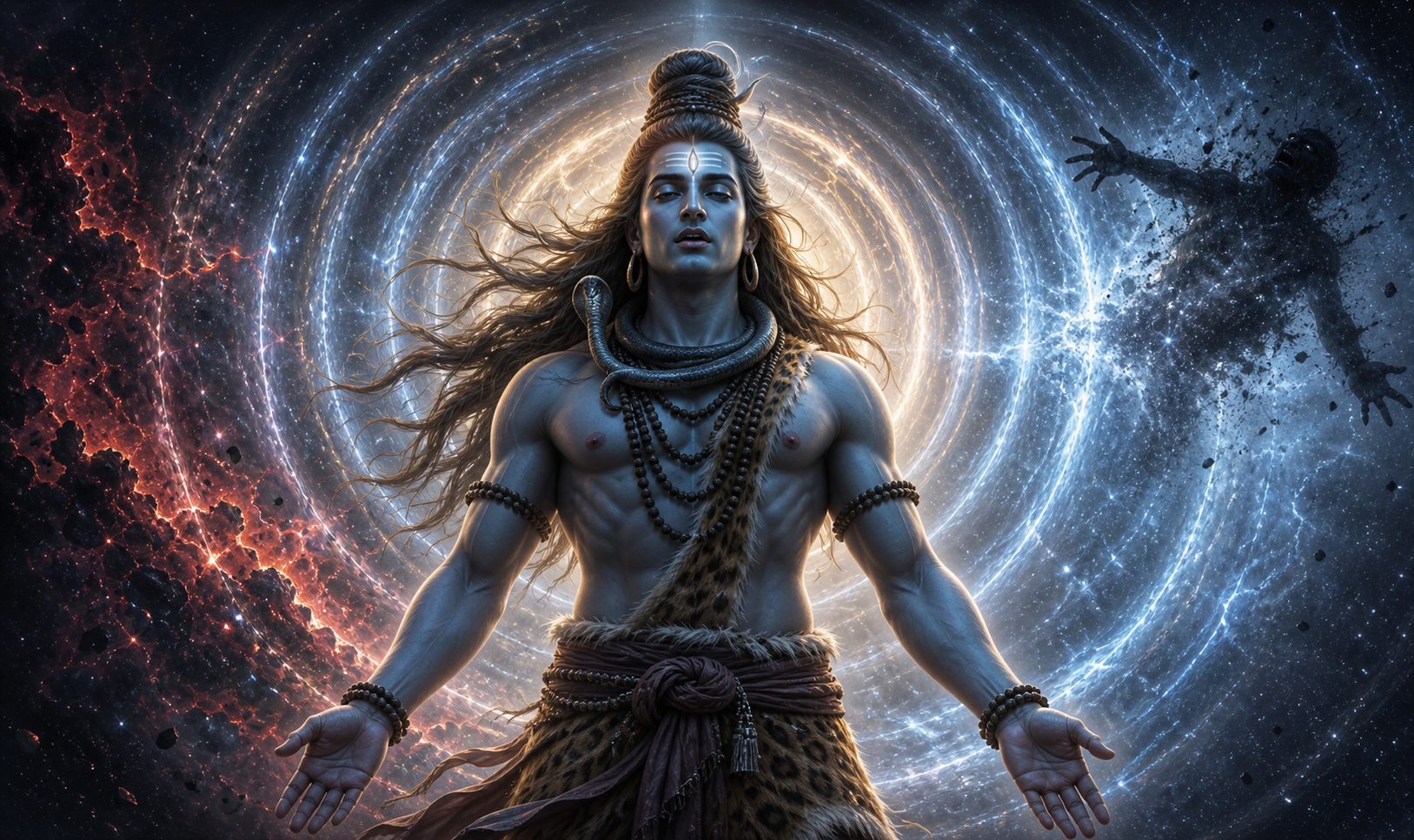 An unarmed Shiva releases luminous waves of sound that disperse a dark demonic silhouette.