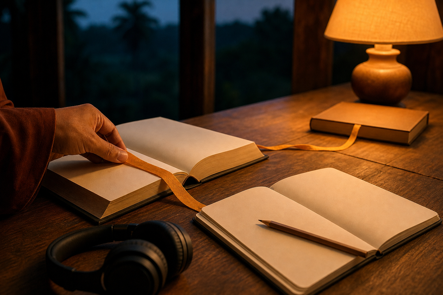 A saffron bookmark stretches from an open sacred volume toward a second book illuminated by a lamp at dusk.