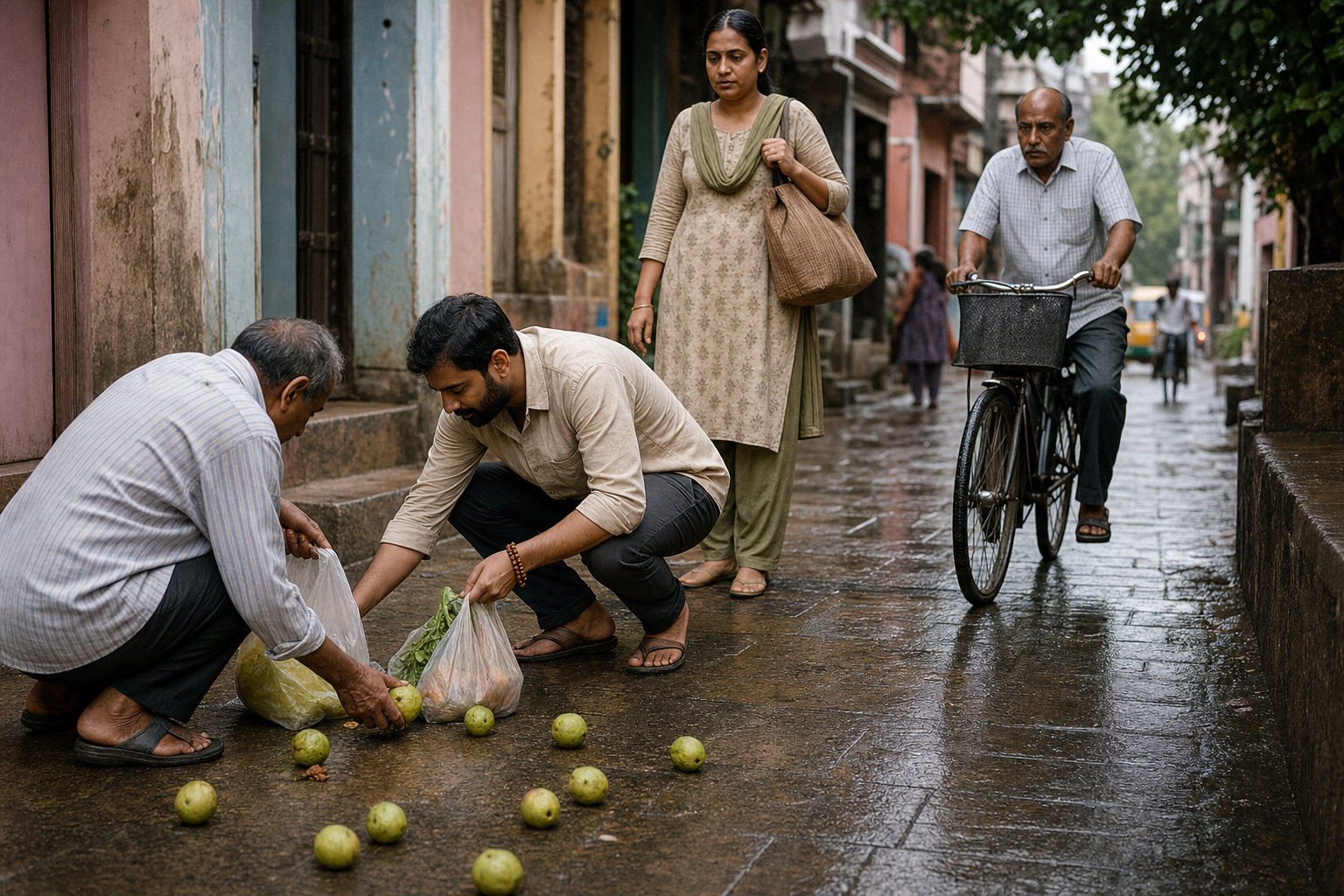 A person carrying groceries stops in a rain-damp lane to help someone collect spilled fruit as nearby travelers wait patiently.