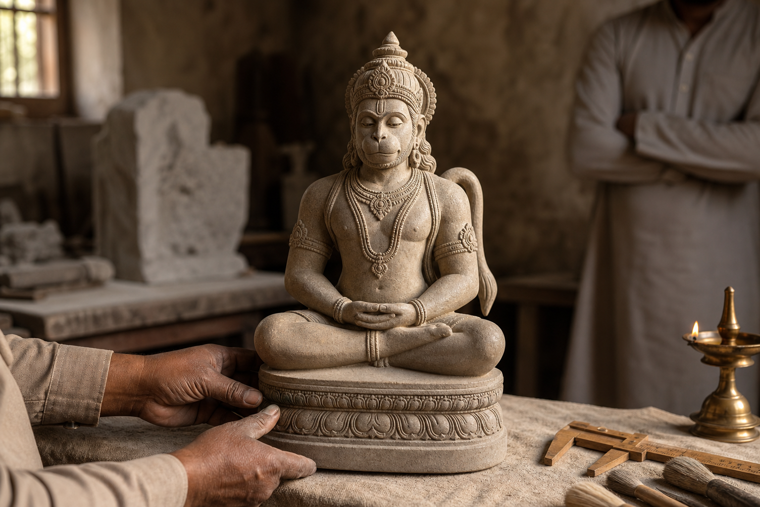 An artisan carefully turns a finished stone Yoga Hanuman murti on a cloth-covered table while an observer examines its posture, expression, base, ornaments, and tail.