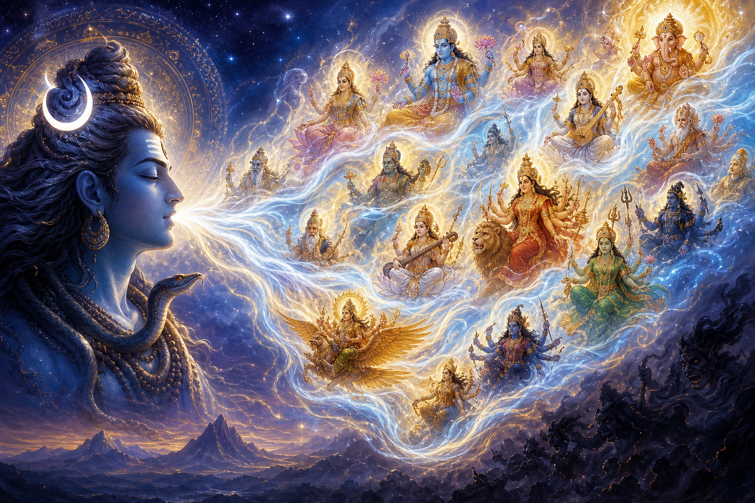 Radiant Mantra Devatas emerge as celestial figures from waves of light flowing from Shiva's divine sound.