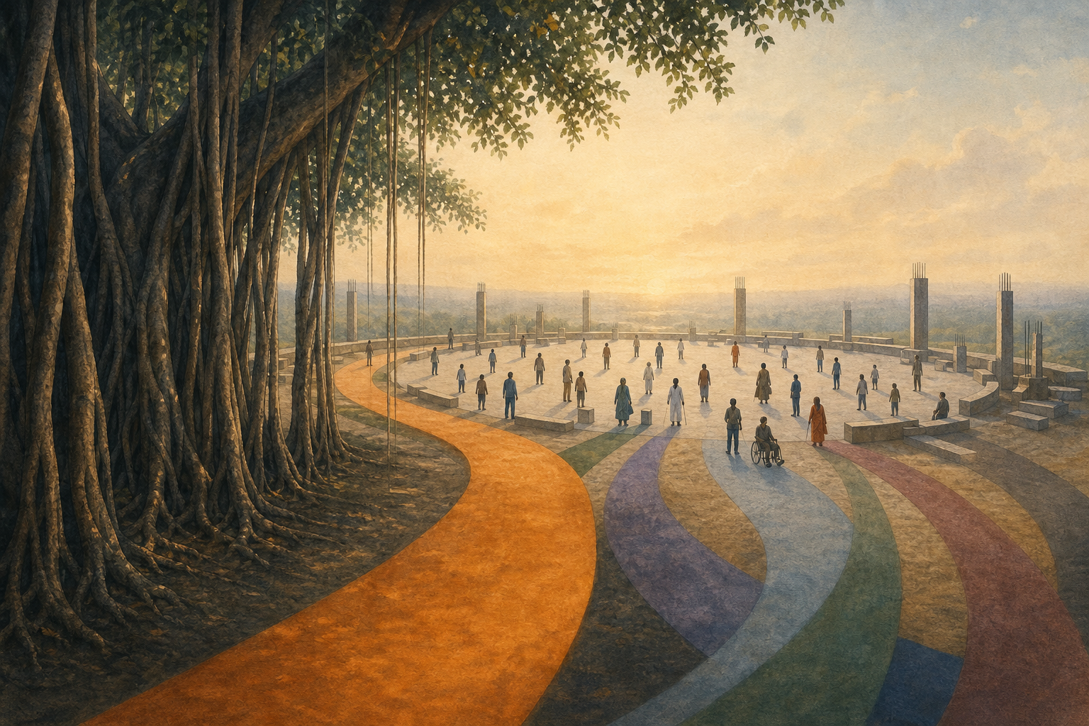 A saffron-colored path from banyan roots curves toward an unfinished circular gathering of diverse people joined by several other paths.