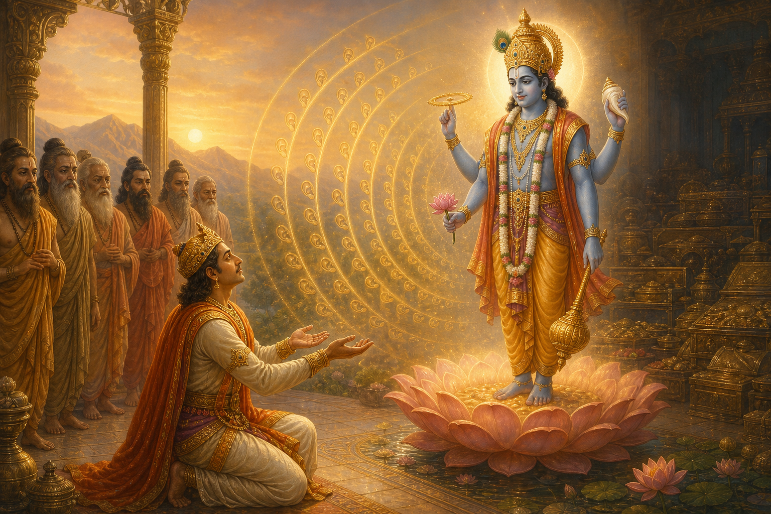 King Prithu kneels before four-armed Lord Vishnu as golden listening ripples radiate toward him and sages stand nearby.