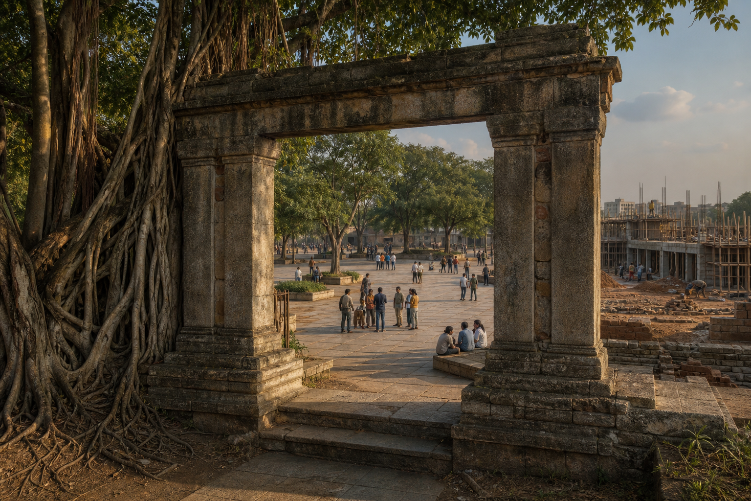 A weathered stone gateway with unchanged foundations opens onto a diverse civic plaza that remains partly under construction.