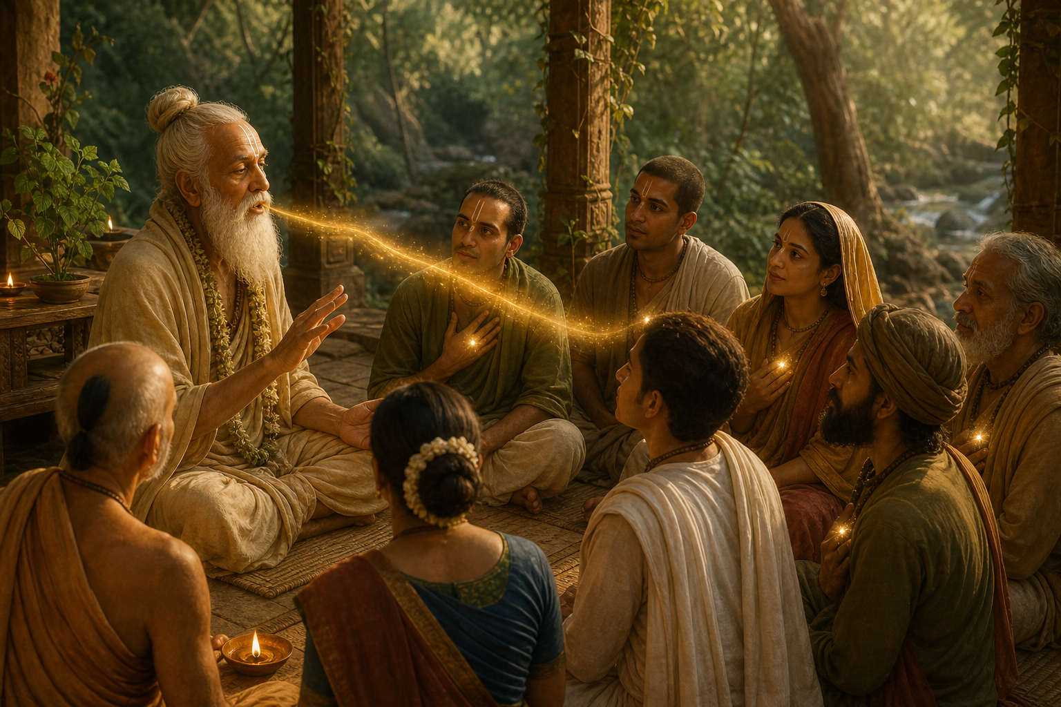 A Vaishnava sage speaks to attentive listeners in a forest hermitage as warm light passes toward the circle.