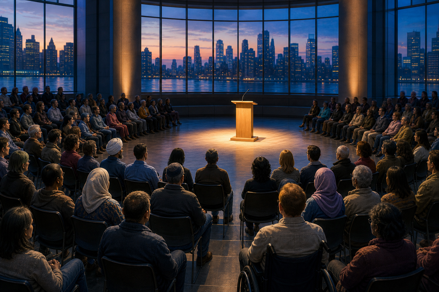 A diverse audience sits in a New York auditorium facing an empty lectern as a city skyline appears through tall windows.