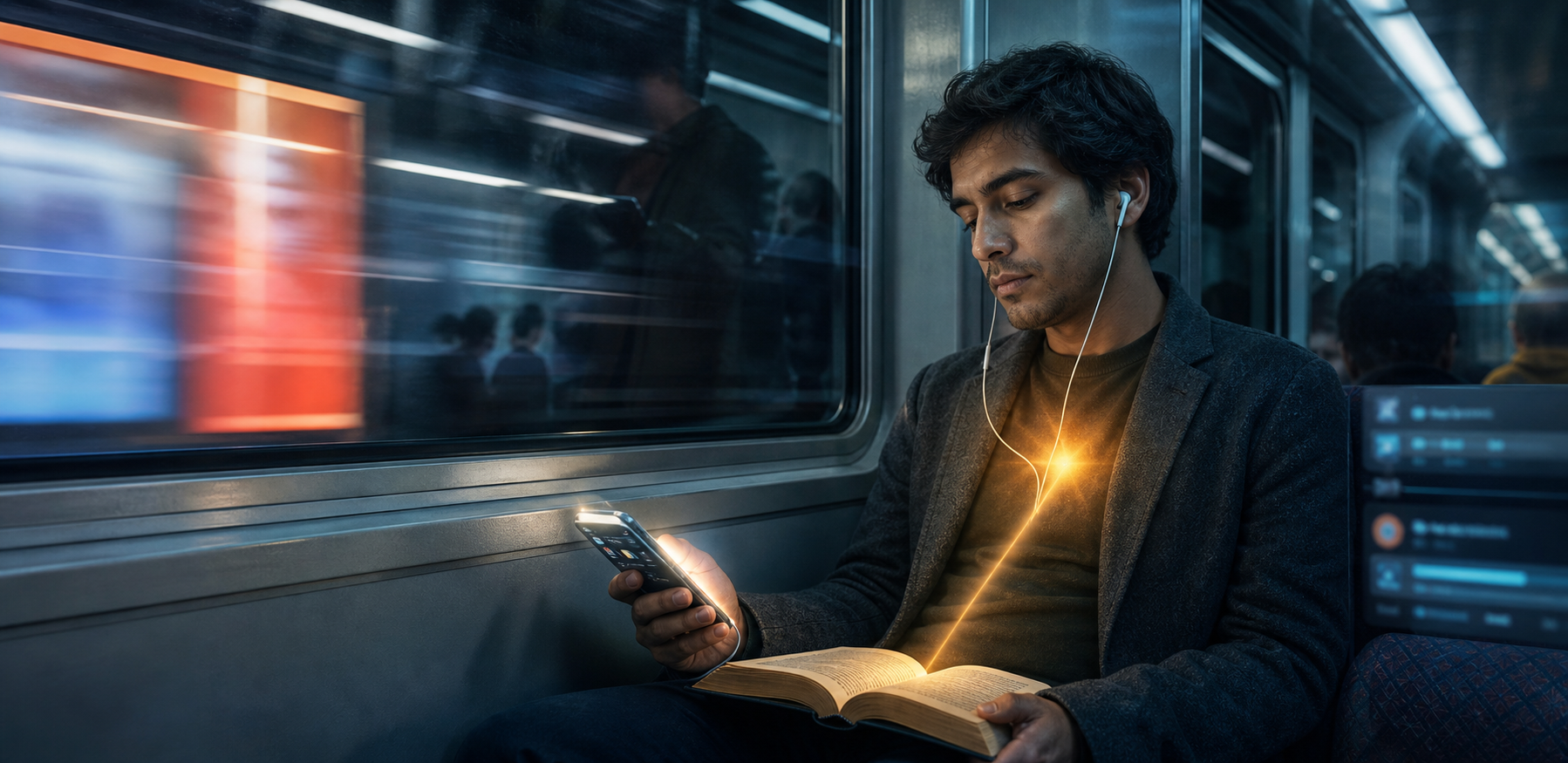A commuter listens through earbuds beside an open devotional book while a phone and layered train-window reflections divide their attention.