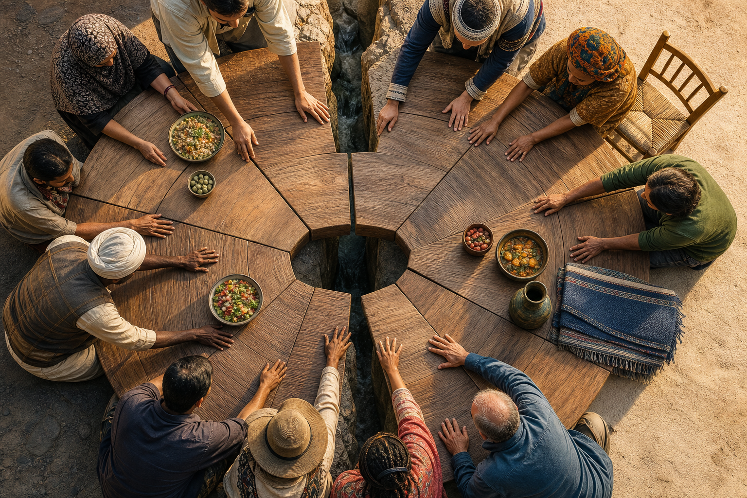 Diverse people assemble a circular table across a narrow divide beside food, water, a blanket, and an empty chair.