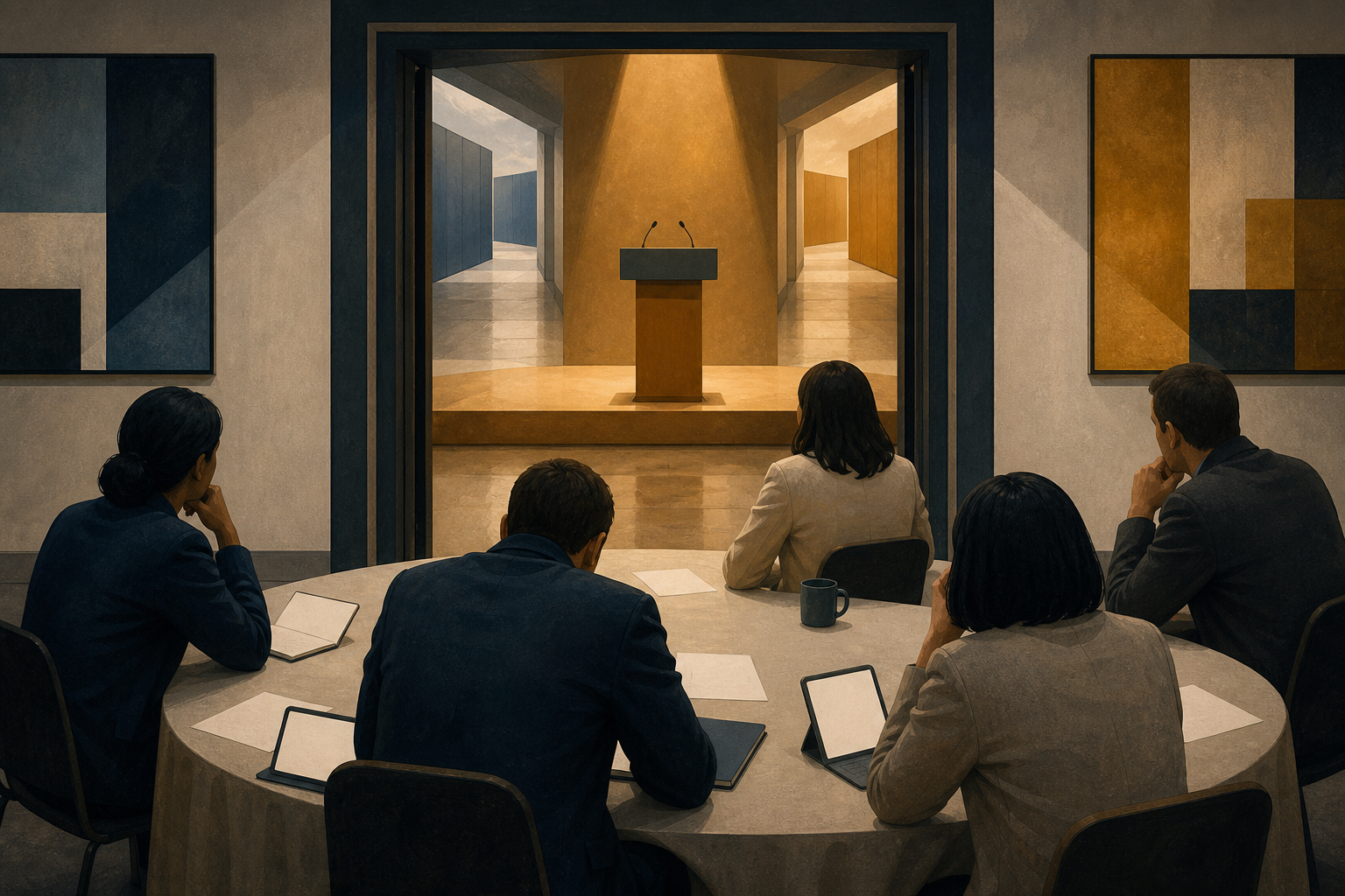 Anonymous listeners at a round table watch an empty lectern while two corridors extend beyond the stage.