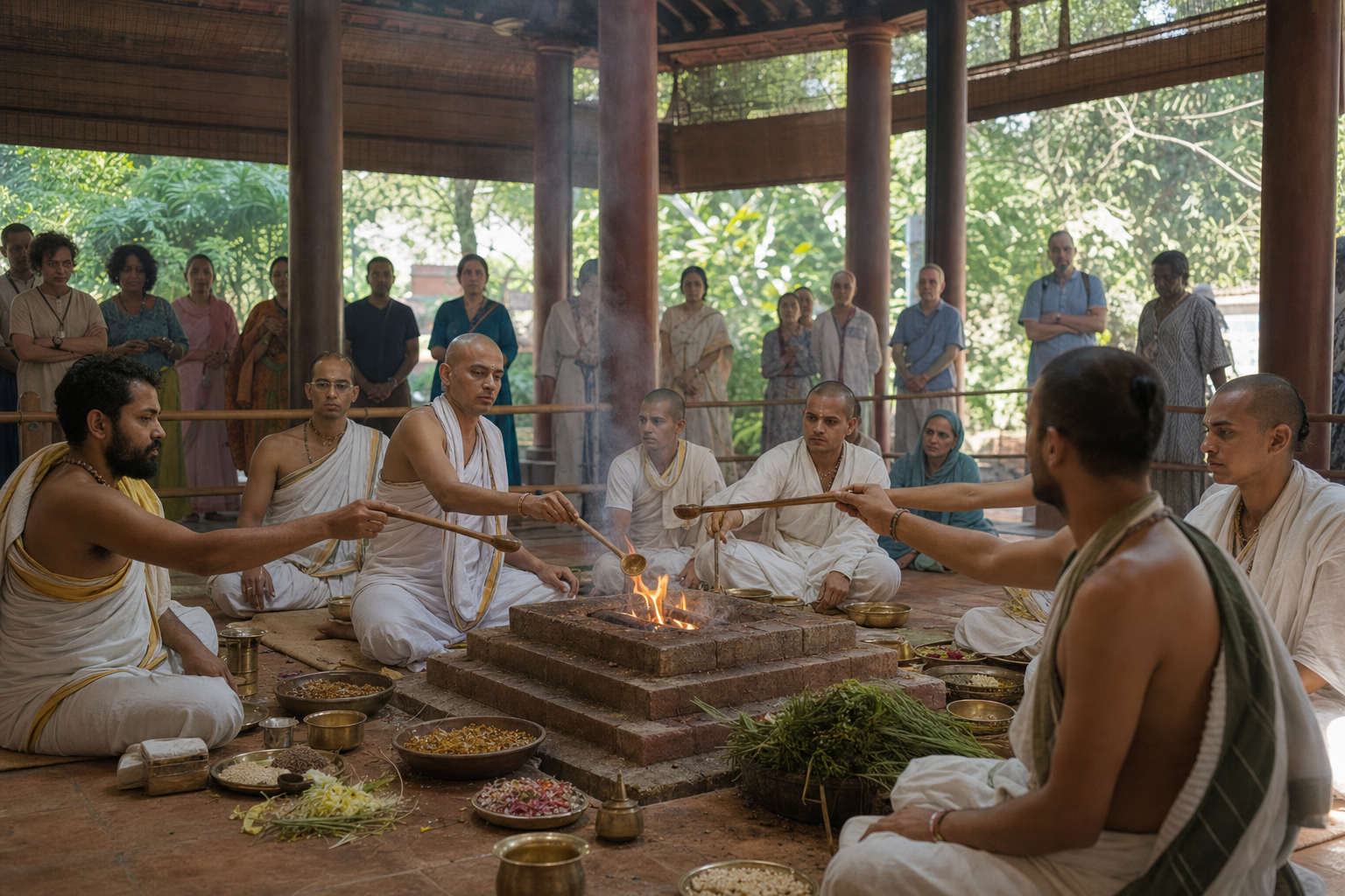 Ritual practitioners conduct a disciplined fire ceremony in an open pavilion while visitors observe quietly.