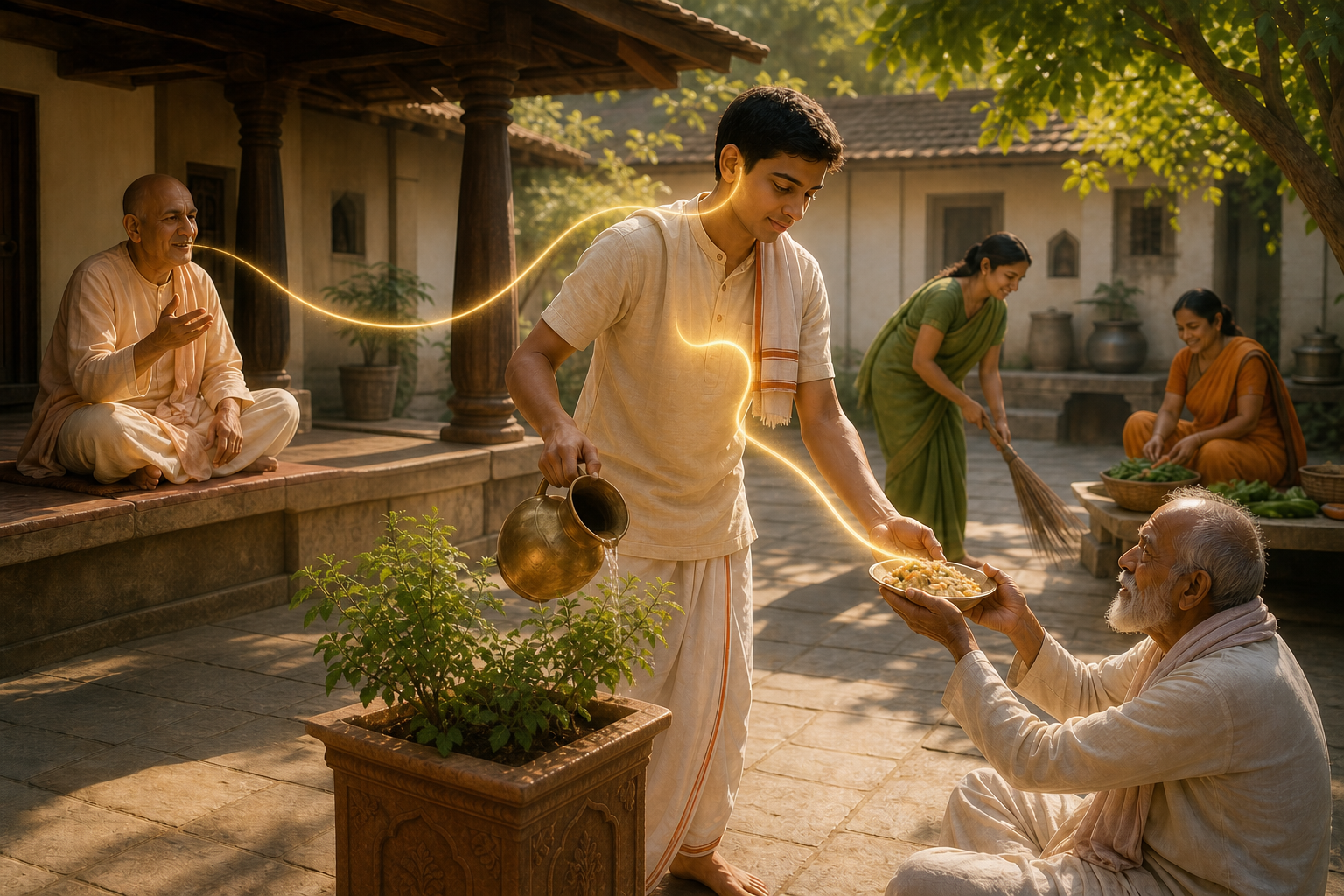 A listener waters a tulasi plant and serves a meal after hearing from a teacher while others perform practical service nearby.