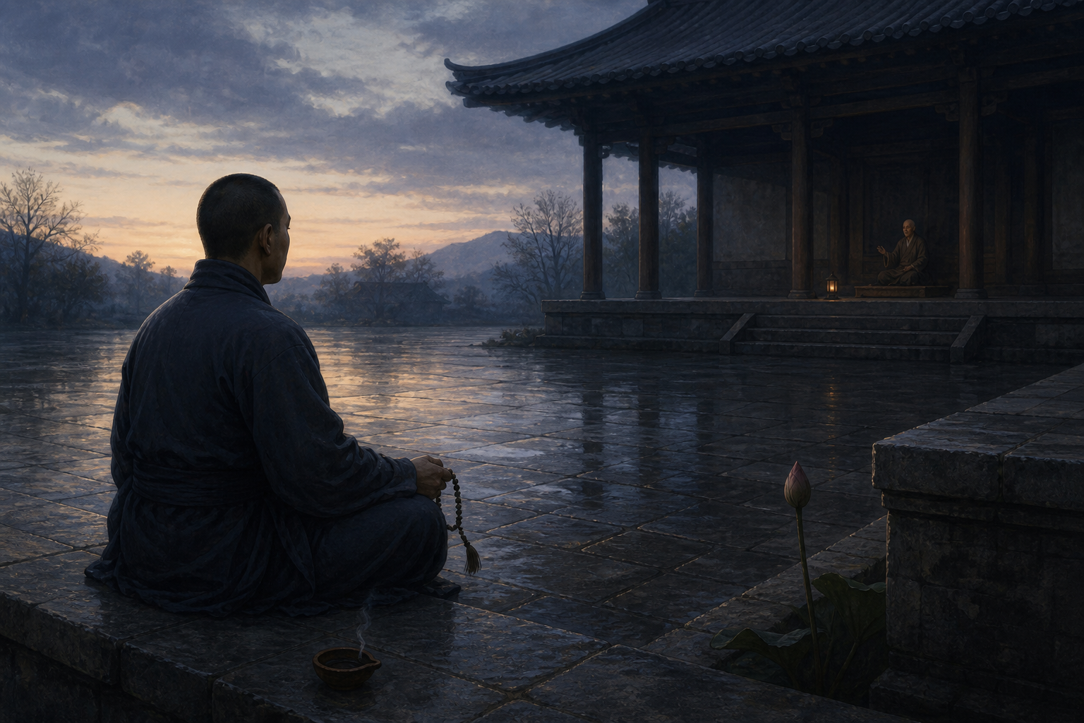 A practitioner listens quietly in a temple courtyard before sunrise beside a dim clay lamp and an unopened lotus bud.