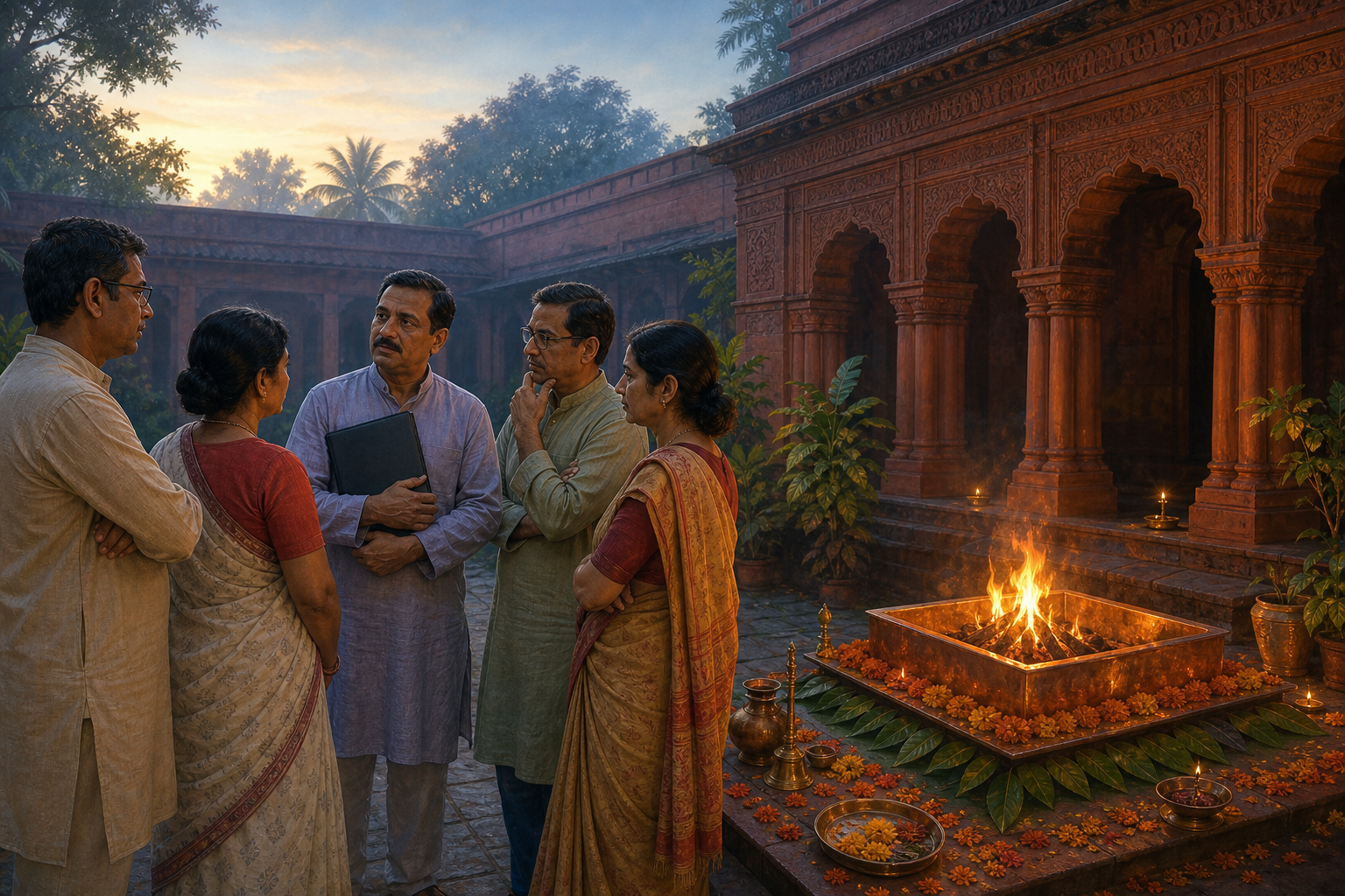 Adults confer beside a yajna altar in the courtyard of a terracotta-style Bengali building at dawn.