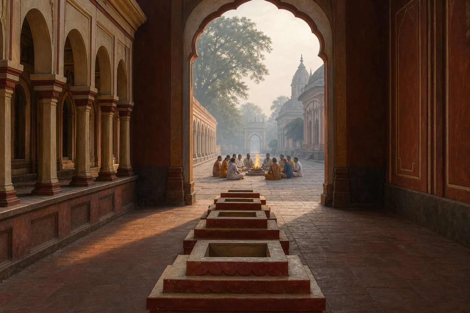 A long Bengali courtyard separates rows of prepared ceremonial altars from a distant community gathered around one lit fire.