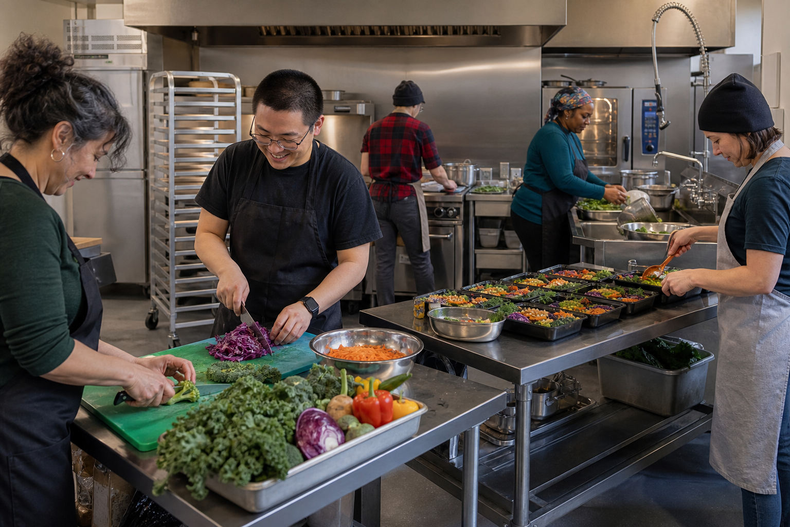 Community volunteers prepare vegetarian meals at stainless-steel workstations in a fully equipped commercial kitchen.