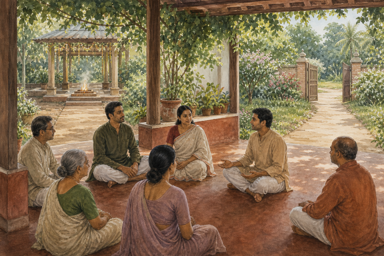 Bengali adults meet on a shaded veranda beside two open paths, one leading to a yajna courtyard and the other to a garden gate.
