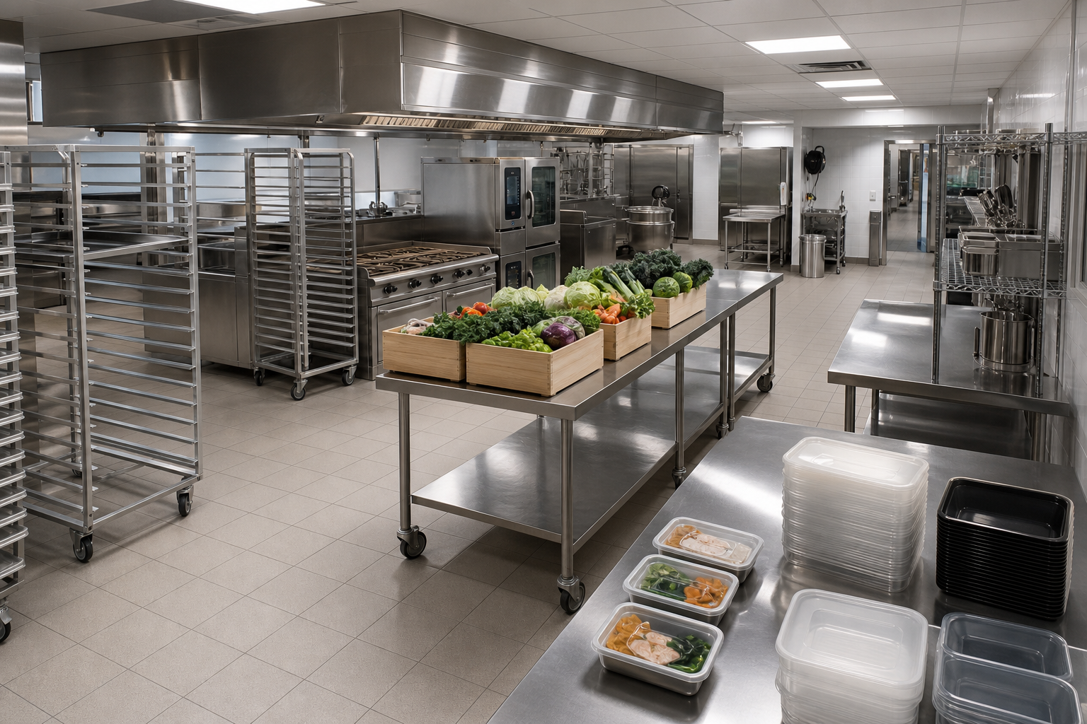 An empty commercial kitchen contains industrial equipment, rolling racks, meal containers, and fresh vegetables ready for a production shift.