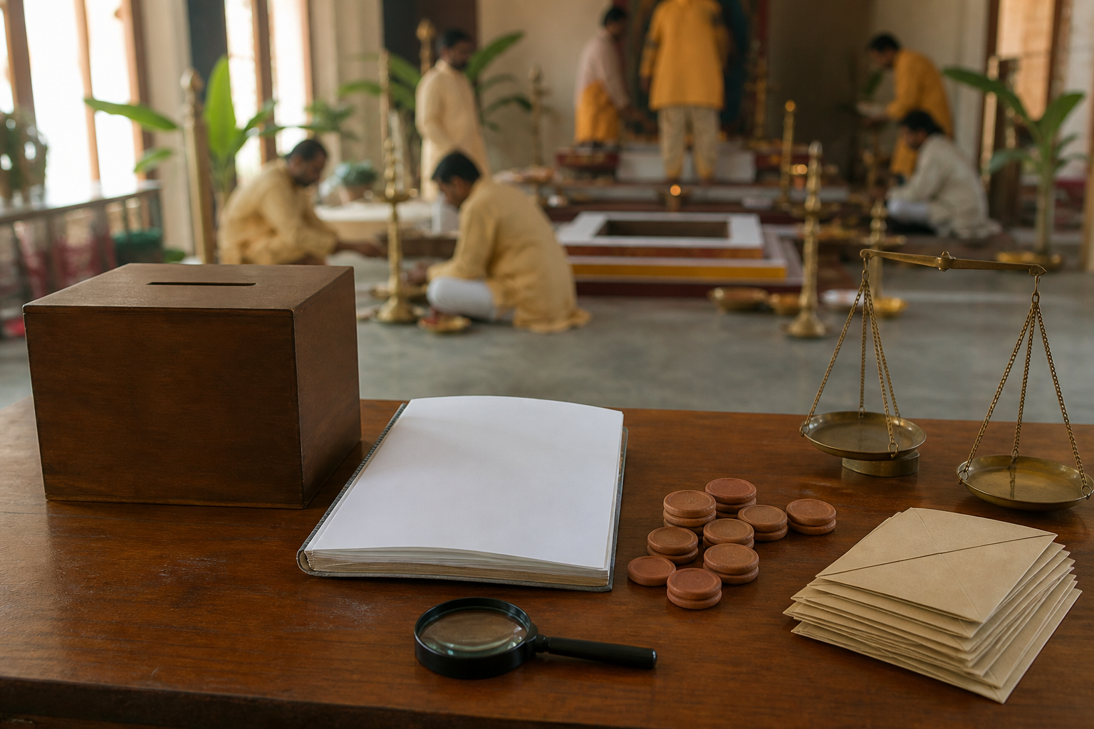 An unmarked donation box, blank ledger, magnifying glass, envelopes, tokens, and balance scale sit on a table near a ceremonial altar.