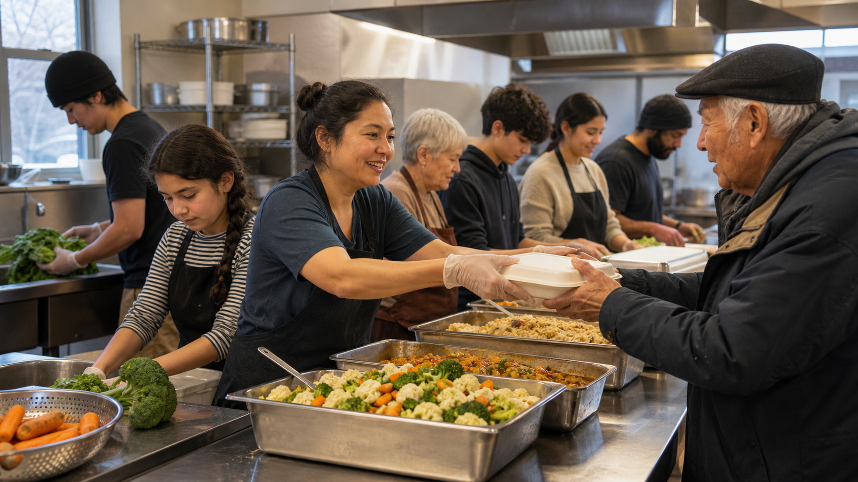 Volunteers and residents of different ages prepare and distribute vegetarian meals together in a community kitchen.