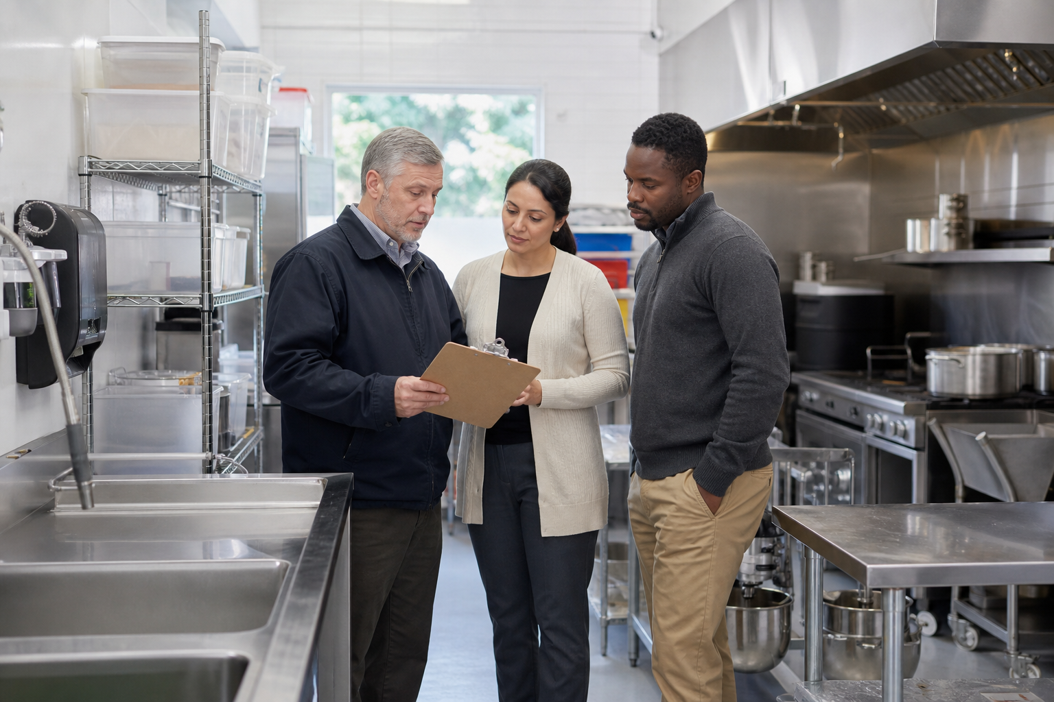 A facilities inspector and community representatives examine equipment and food-safety features in a commercial kitchen.