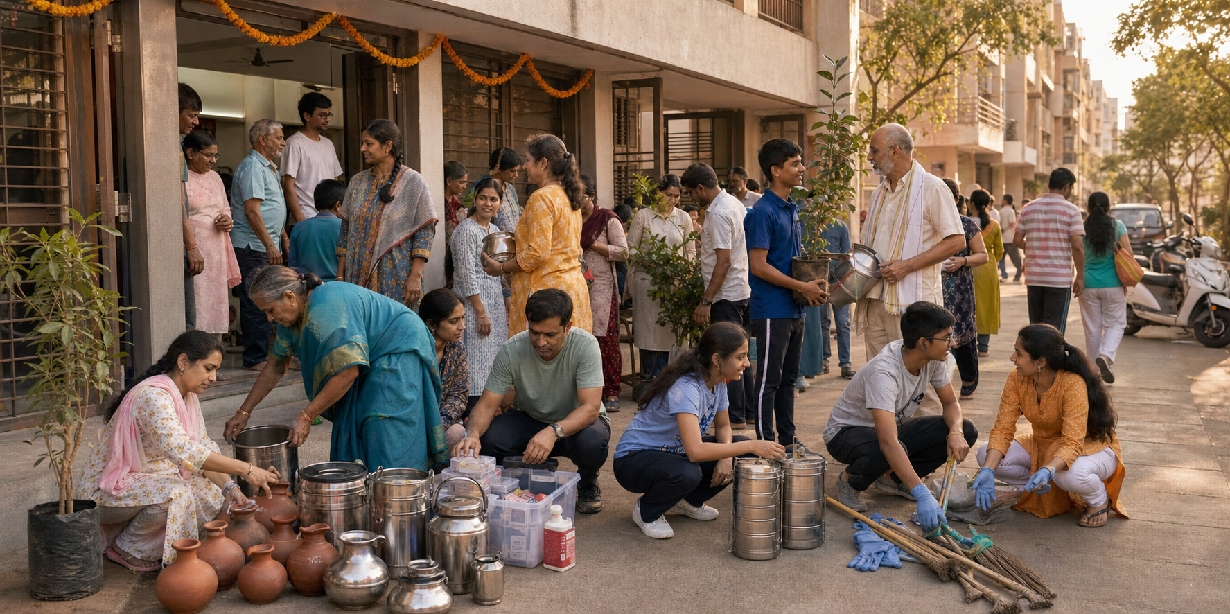 Families, young volunteers, and elders organize community service supplies outside a hall in a Pune neighbourhood.