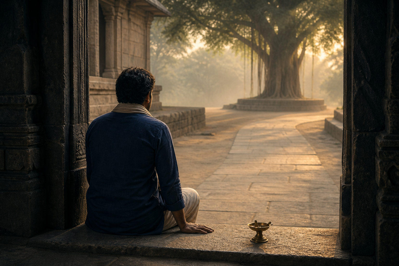 An Indian adult sits at a courtyard threshold facing a sunlit path and a banyan tree at dawn.