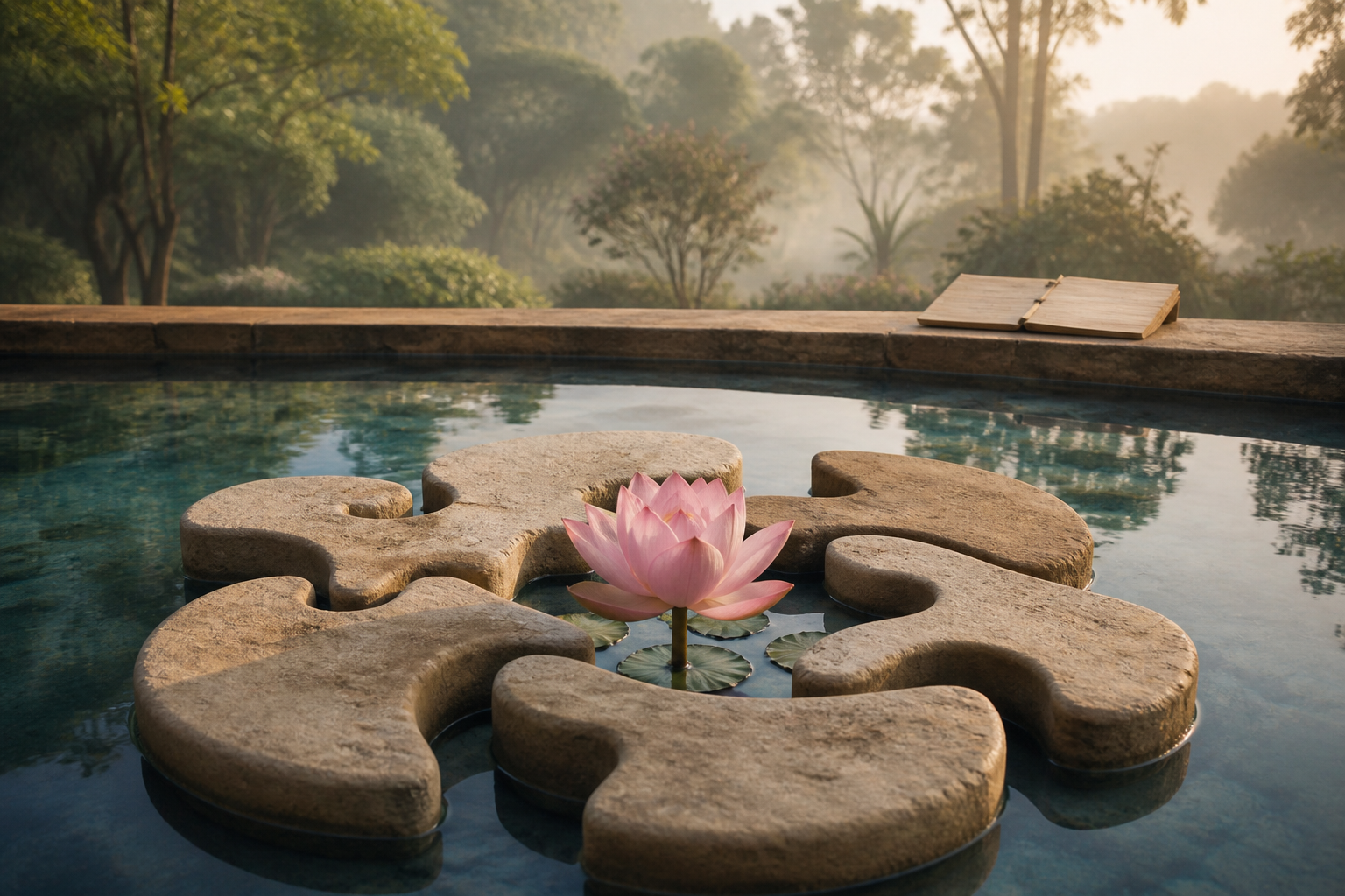 A pink lotus floats in a reflecting pool beside interlocking sandstone shapes and a blank palm-leaf folio at dawn.