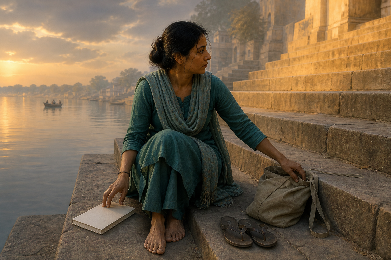 A woman reflects on riverside steps beside a closed notebook, a shoulder bag, and sandals in the morning light.