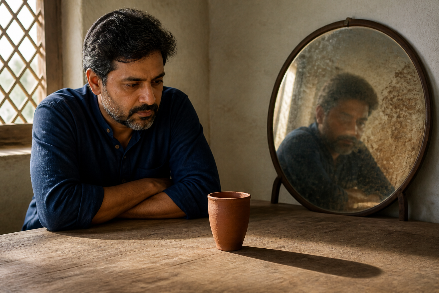 A man studies a clay cup while its enlarged shadow and his distorted mirror reflection appear behind it.