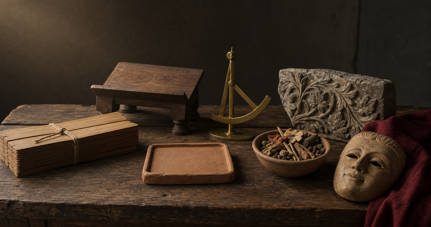 Blank palm-leaf folios, a wooden stand, brass instrument, theater mask, herbs, and a carved stone fragment rest on a worktable.