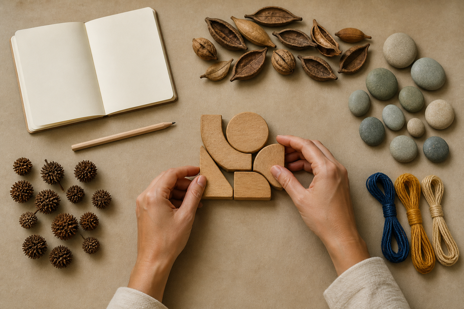 A pair of hands joins shaped wooden pieces beside grouped stones, seed pods, colored threads, and a blank notebook.
