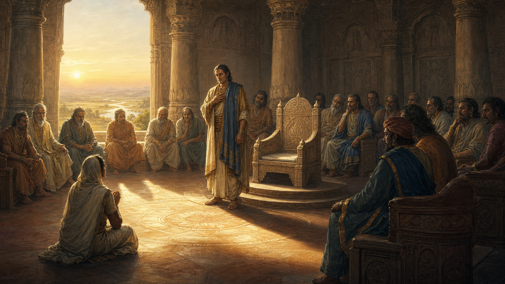 A leader listens to divided advisers in an ancient-style council hall while a vulnerable petitioner stands in a beam of morning light.
