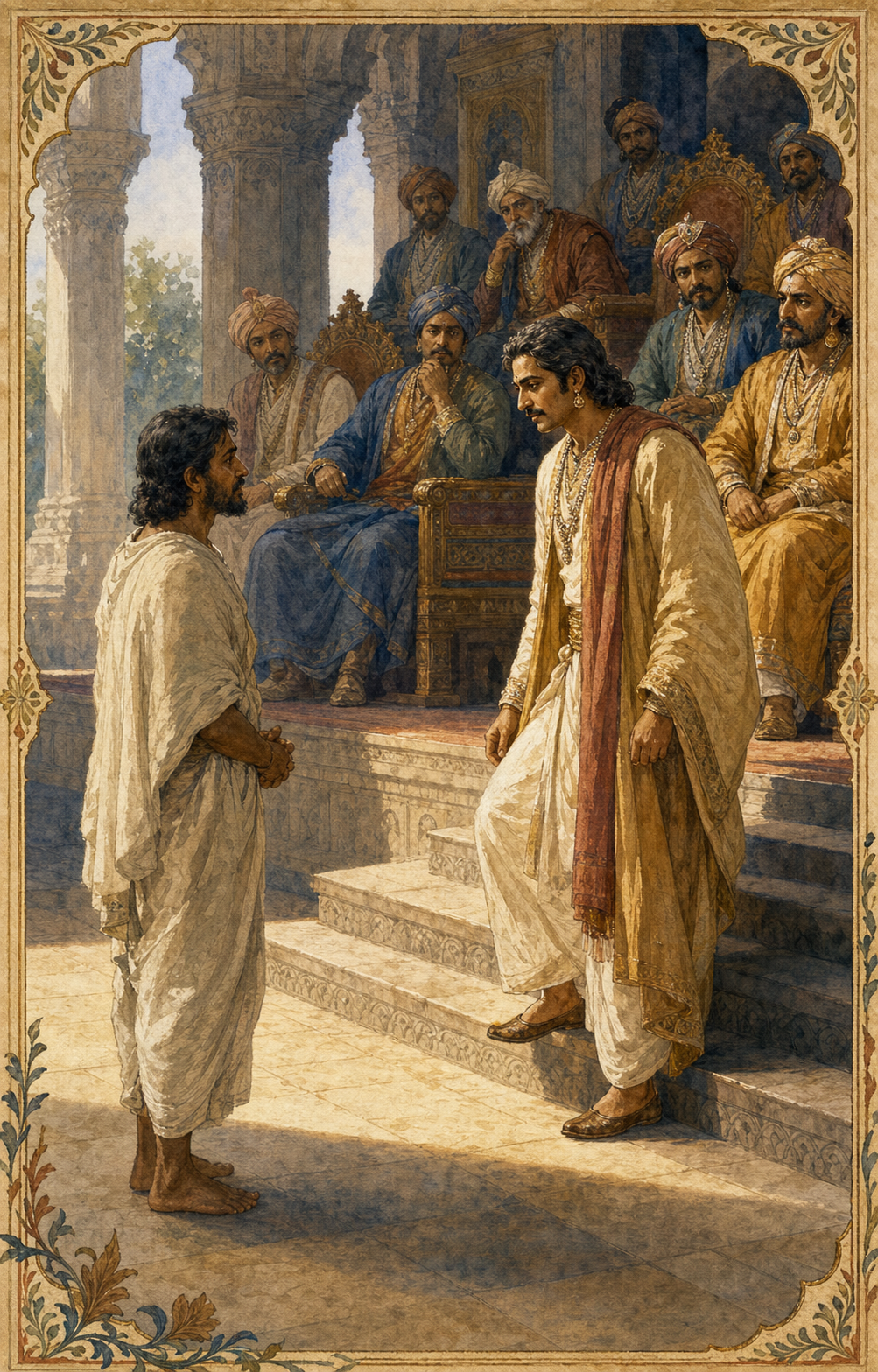A ruler steps down from an elevated council platform to speak at eye level with a plainly dressed petitioner.