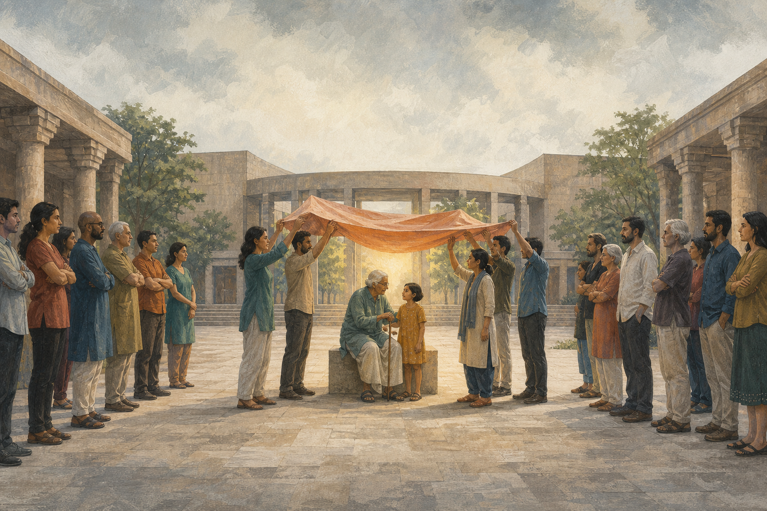People on opposing sides of a courtyard jointly hold a canopy over an elderly person and a child.