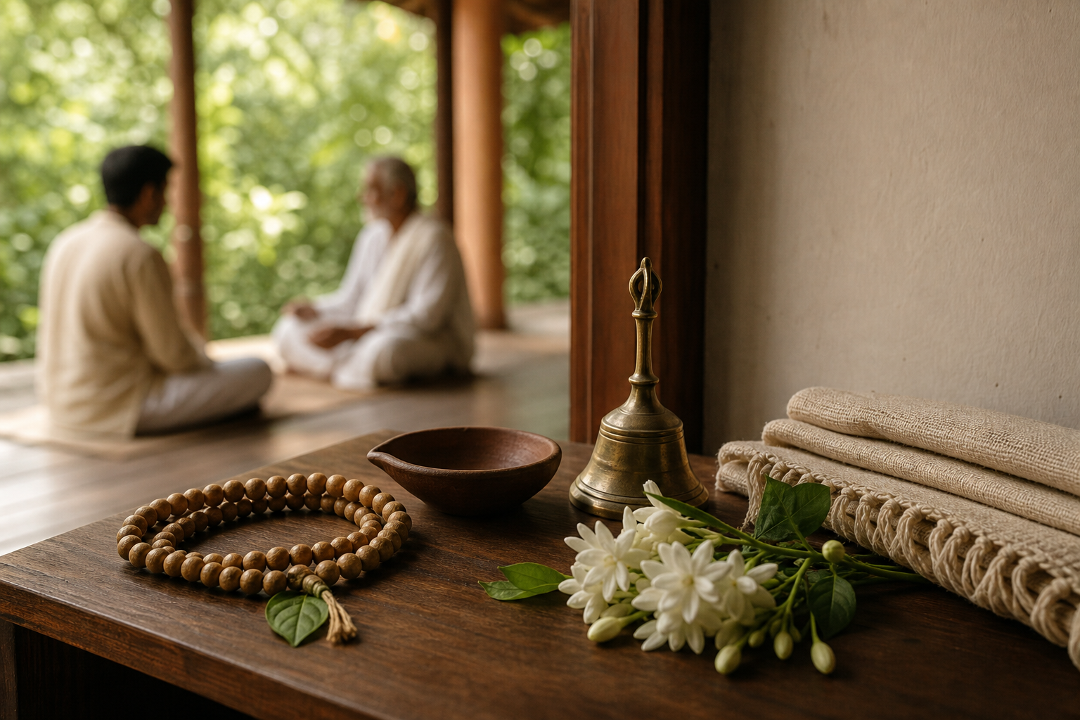 Prayer beads, a brass bell, flowers, and a folded cloth rest on a wooden shelf while two people sit together in the background.