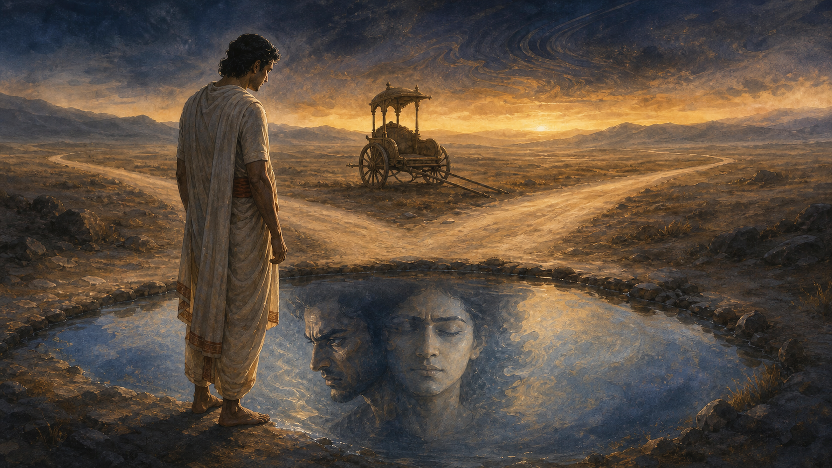 A solitary figure studies a divided reflection beside a still pool, with an empty chariot and two paths on a misty plain.