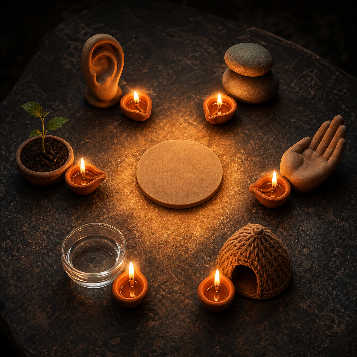 Six clay lamps arranged in a circle illuminate symbolic objects around an unmarked central disc.