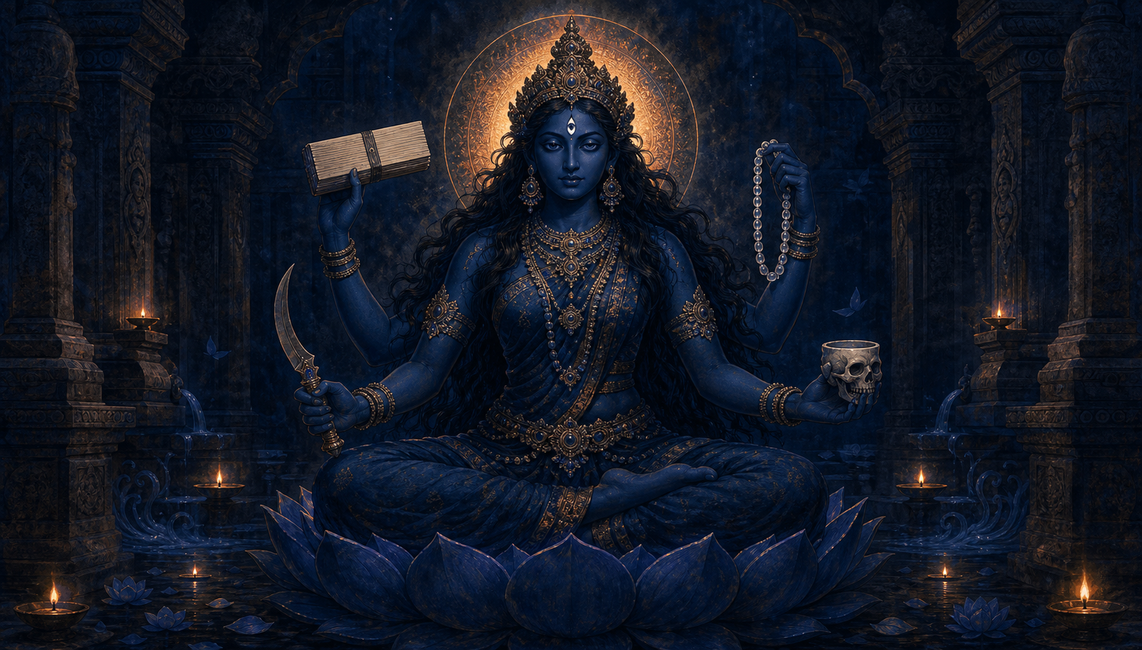An indigo-blue four-armed goddess sits in a dark shrine holding a folio bundle, rosary, ritual blade, and skull-shaped cup beneath a copper-gold halo.