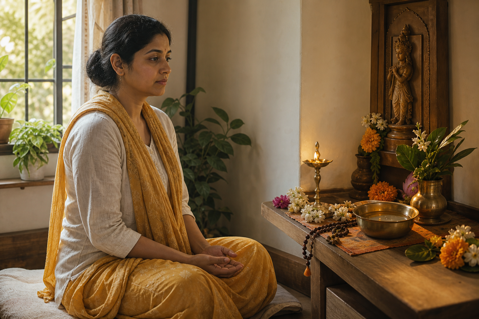 A person sits quietly before a small home shrine with a lit oil lamp, prayer beads, water, and fresh flowers in the early morning.